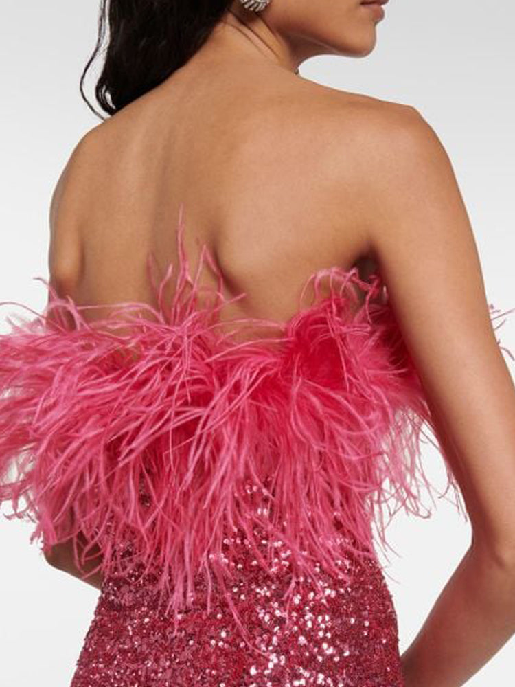 Deeppink Feather Trim Sequin Strapless Mini Dress