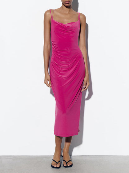 Deeppink Draped Neck Thin Double Straps Midi Dress