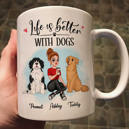 Life Better With Dog Pretty Cartoon Woman & Sitting Dog Personalized Mug