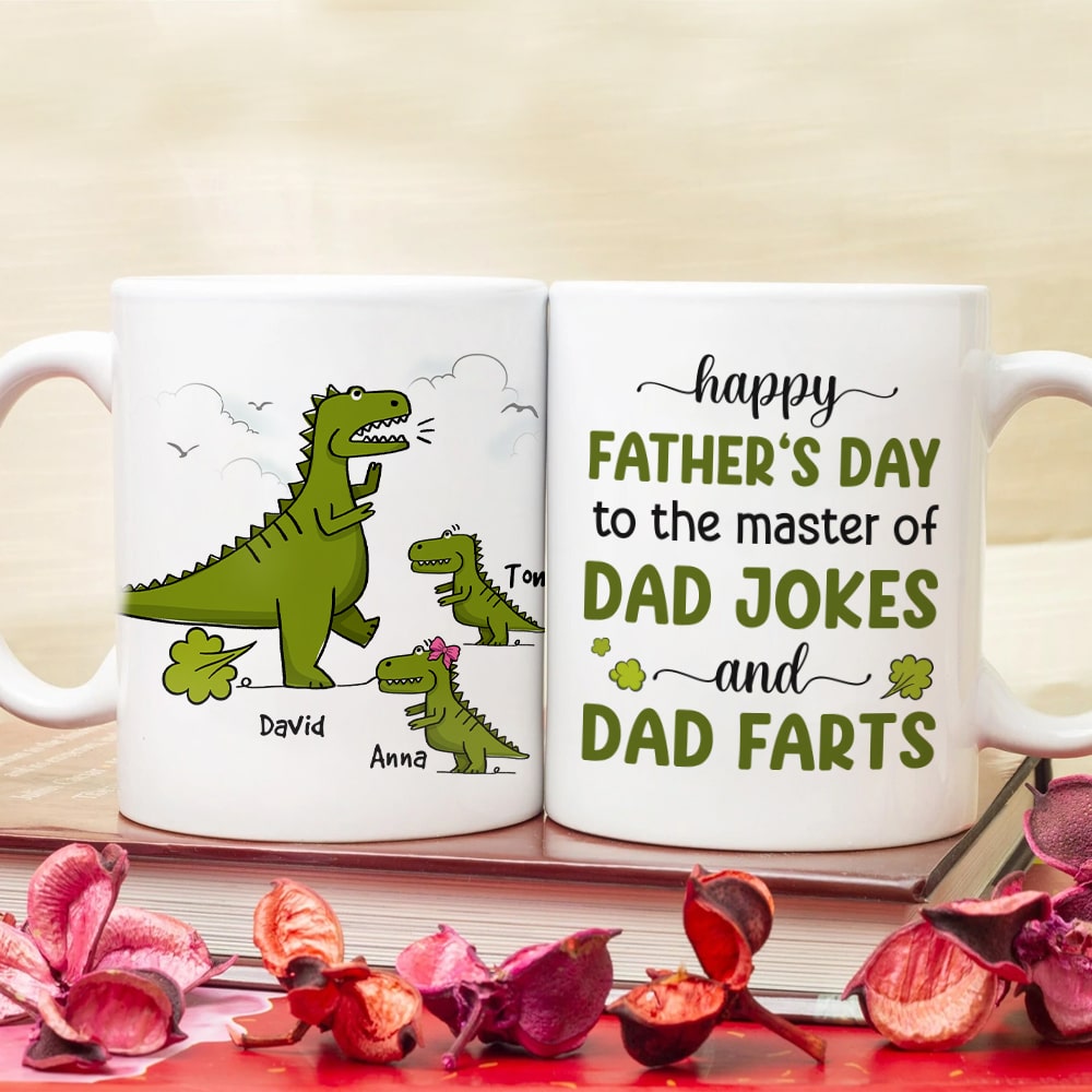 Happy Father's Day To The Master Of Dad Jokes, Personalized Mug, Gift For Dad, Father's Day Gift, Dinosaur Dad And Kids Mug