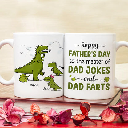 Happy Father's Day To The Master Of Dad Jokes, Personalized Mug, Gift For Dad, Father's Day Gift, Dinosaur Dad And Kids Mug