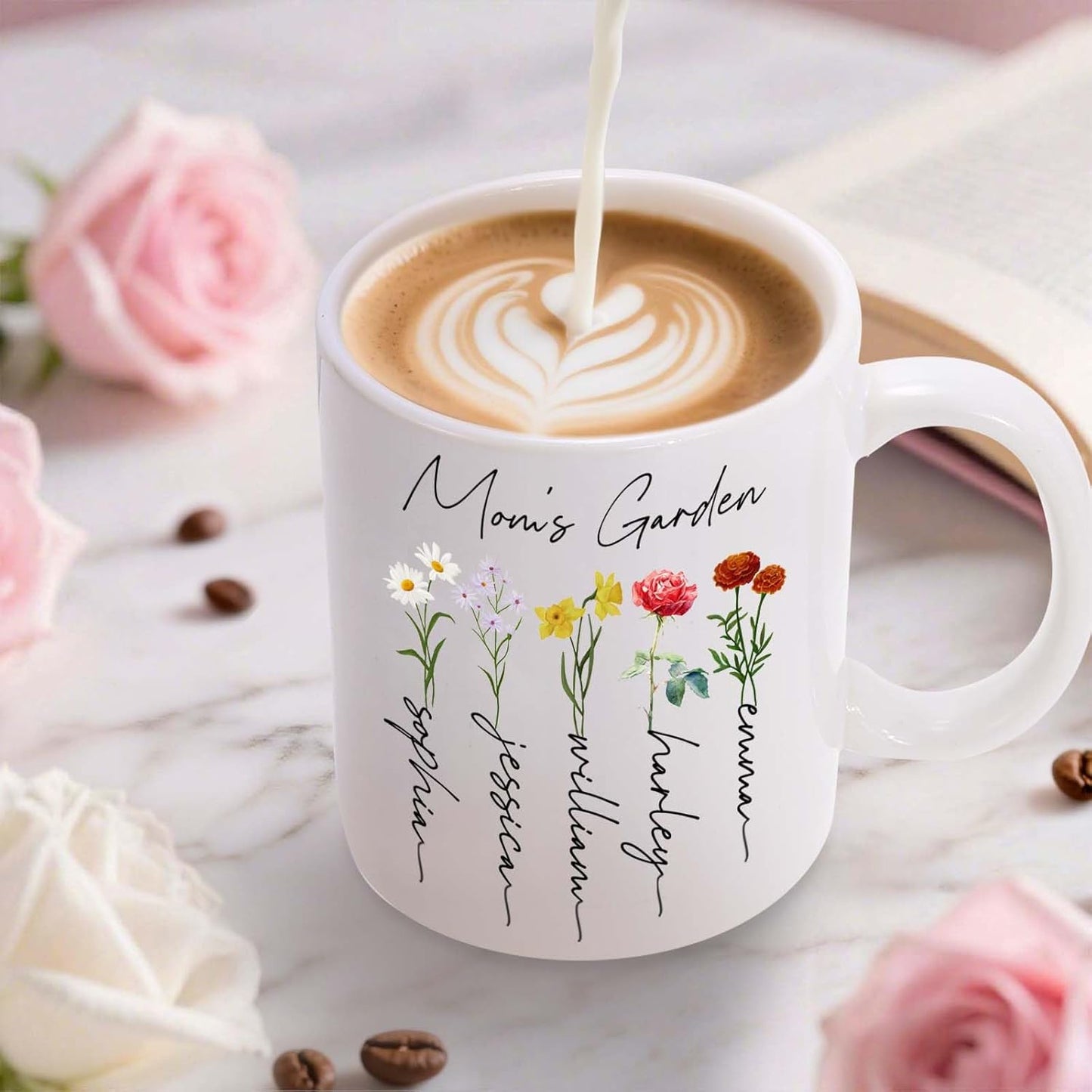 Personalized Mama Coffee Mug Custom Photo Birth Flower Mug, Gift for Mom Birthday Mother's Day Christmas Gift