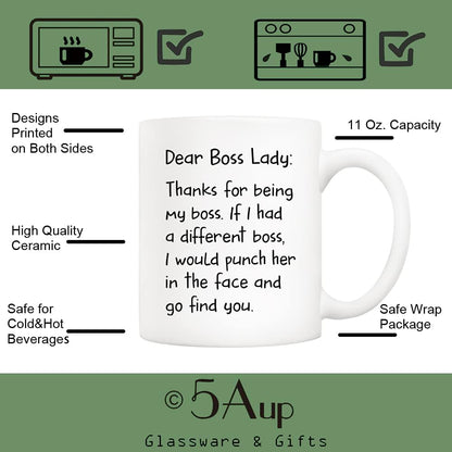 Dear Boss Lady Thanks Funny Coffee Mug, Gift for Boss Lady from Coworker Employee, Birthday Christmas Office Gift