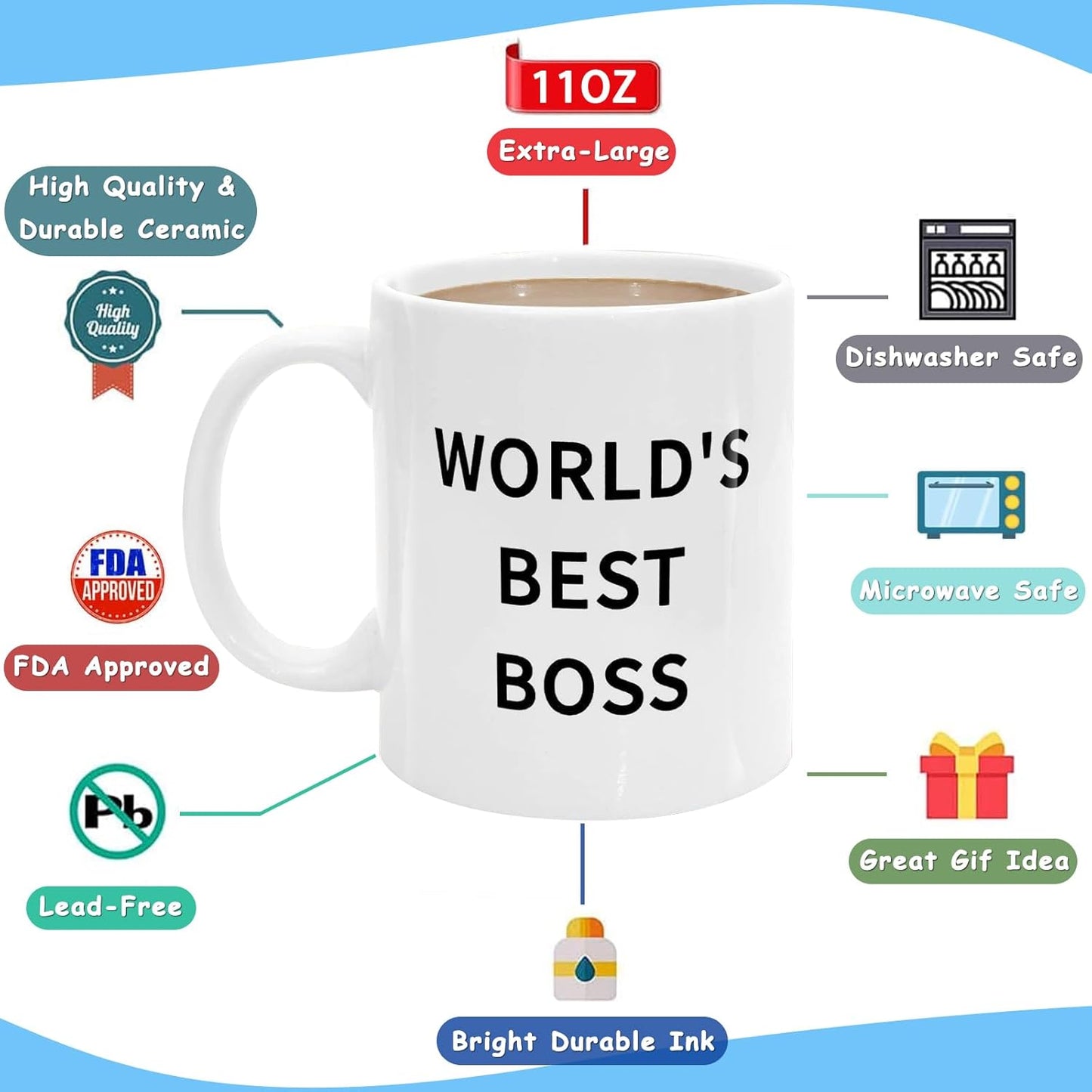 World's Best Boss Coffee Mug, Funny Office Gift for Boss Male Female, Boss Day Birthday Christmas Gift from Coworkers Employees