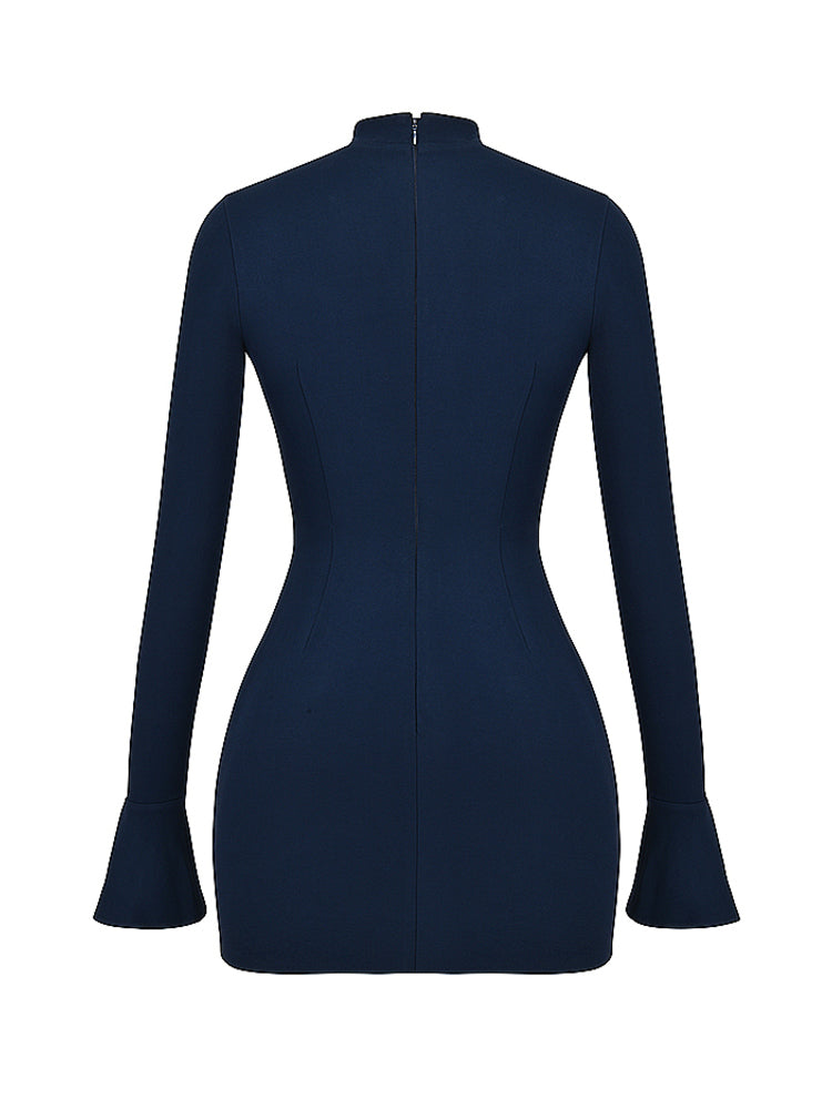Navy Fluted Cuffs Long Sleeve Bodycon Mini Dress