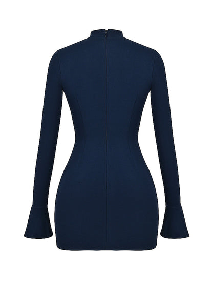 Navy Fluted Cuffs Long Sleeve Bodycon Mini Dress