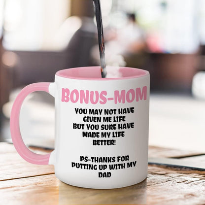 Bonus Mom Funny Coffee Mug, Gift for Stepmom from Stepdaughter Stepson Birthday Mother's Day Christmas Gift