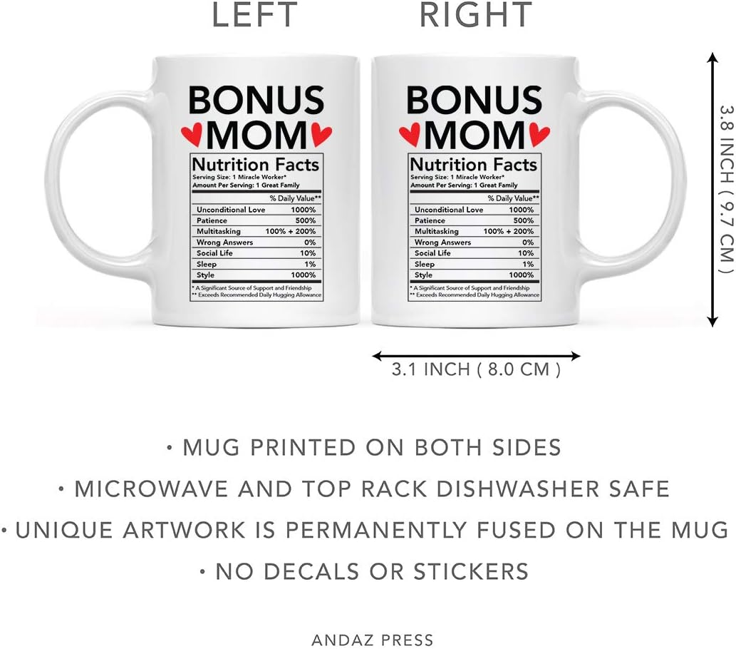 Bonus Mom Nutritional Facts Coffee Mug Funny Stepmom Gift from Stepdaughter Stepson Birthday Mother's Day Gift