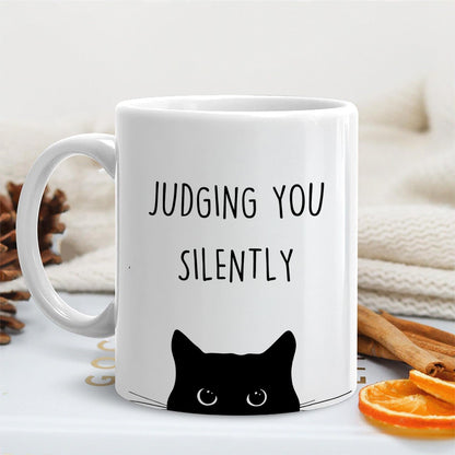 Judging You Silently Coffee Mug Funny Black Cat Lover Gift for Cat Mom Dad Women Men, Cat Lover Birthday Gift