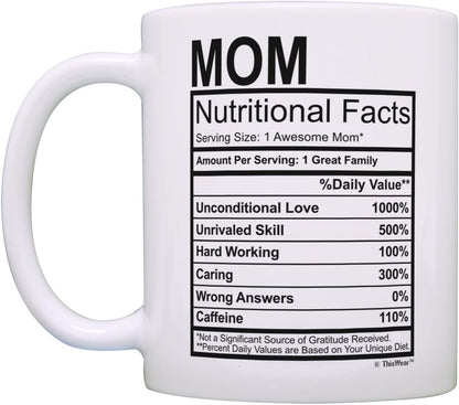 Mom Nutritional Facts Coffee Mug Funny Gift for Mom from Daughter Son Kids Husband, Mothers Day Birthday Gift
