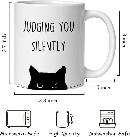 Judging You Silently Coffee Mug Funny Black Cat Lover Gift for Cat Mom Dad Women Men, Cat Lover Birthday Gift