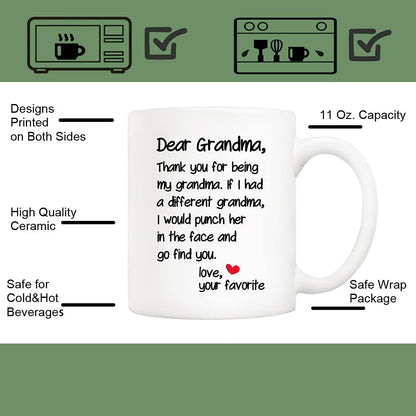 Dear Grandma Thanks for Being Funny Coffee Mug, Gift for Grandma from Grandson Granddaughter, Birthday Mother's Day Gift