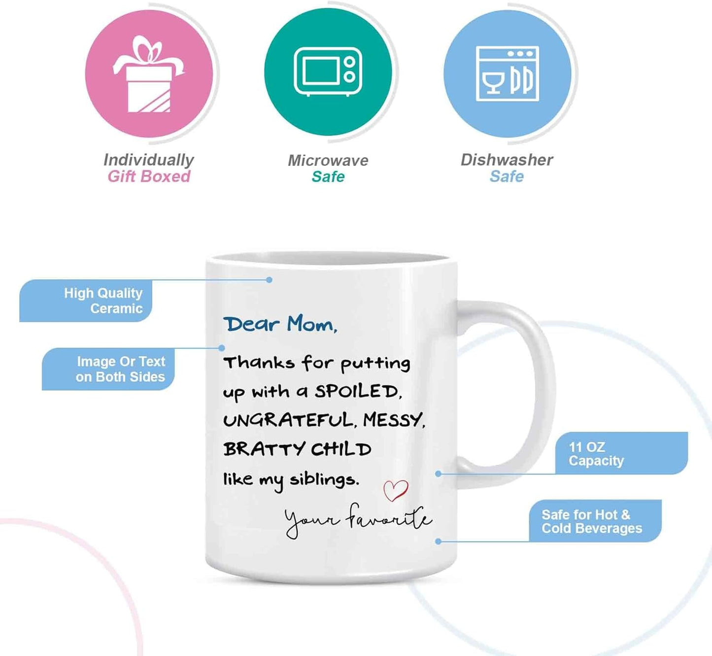 Dear Mom Thanks For Putting Up With My Siblings Funny Coffee Mug, Gift for Mom from Daughter Son Kids, Birthday Gift