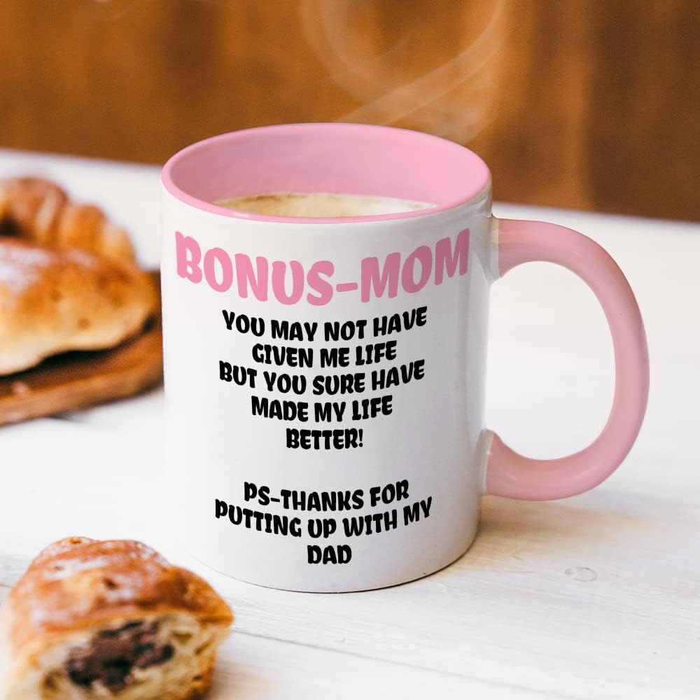 Bonus Mom Funny Coffee Mug, Gift for Stepmom from Stepdaughter Stepson Birthday Mother's Day Christmas Gift