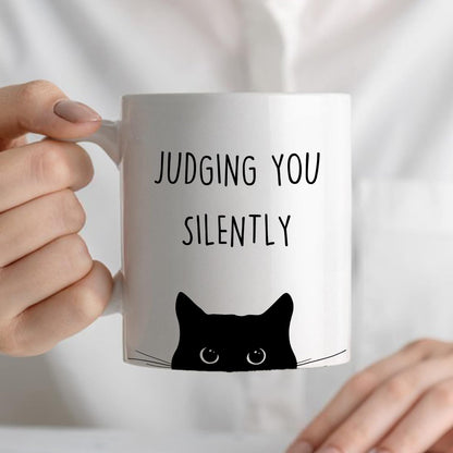 Judging You Silently Coffee Mug Funny Black Cat Lover Gift for Cat Mom Dad Women Men, Cat Lover Birthday Gift