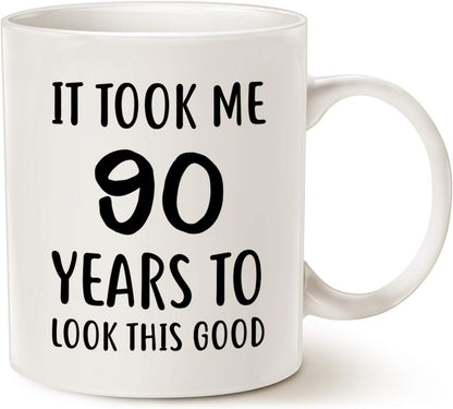 It Took Me 90 Years to Look This Good Funny Coffee Mug, 90th Birthday Gift for Mom Dad Grandpa Grandma Family Birthday Humor Mug
