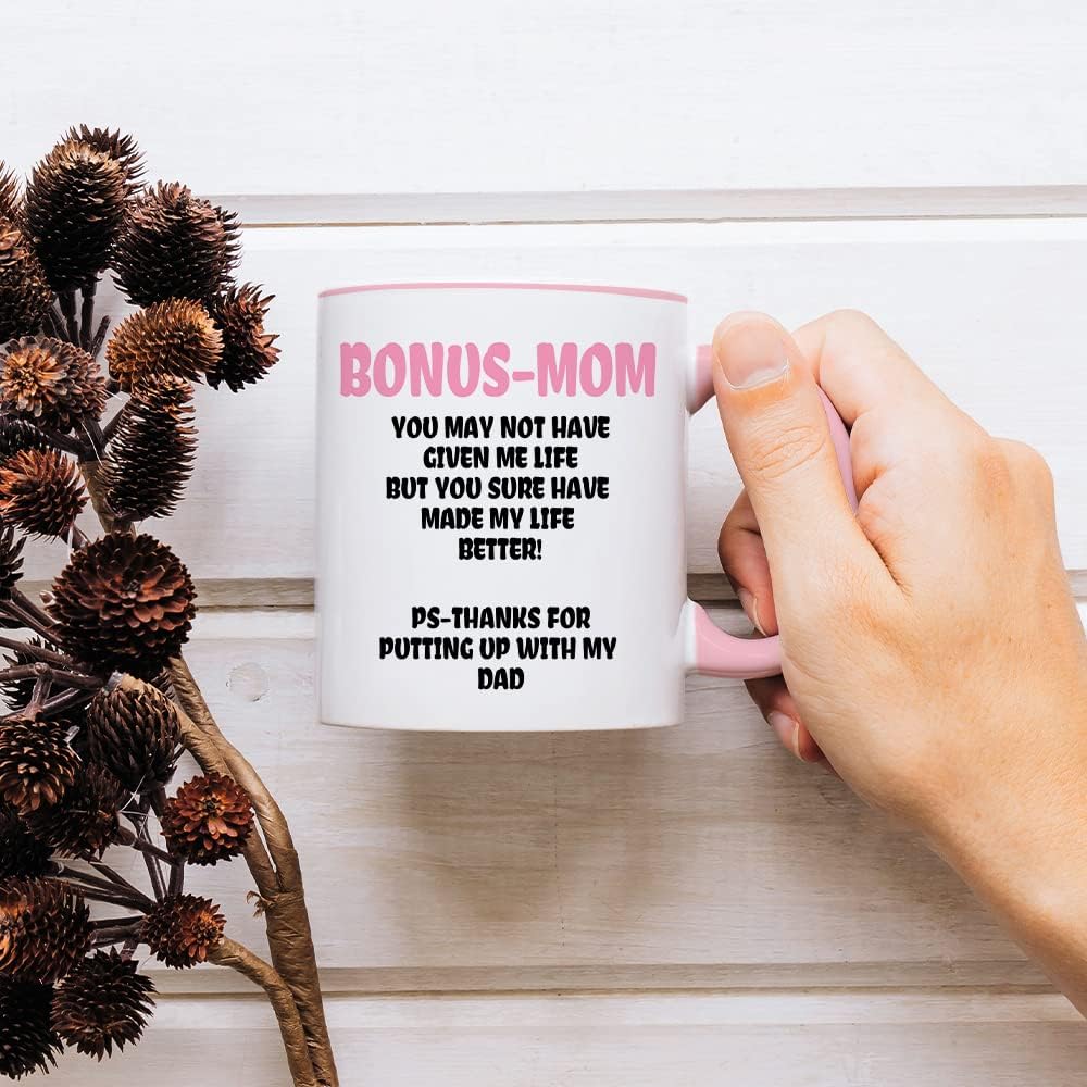 Bonus Mom Funny Coffee Mug, Gift for Stepmom from Stepdaughter Stepson Birthday Mother's Day Christmas Gift