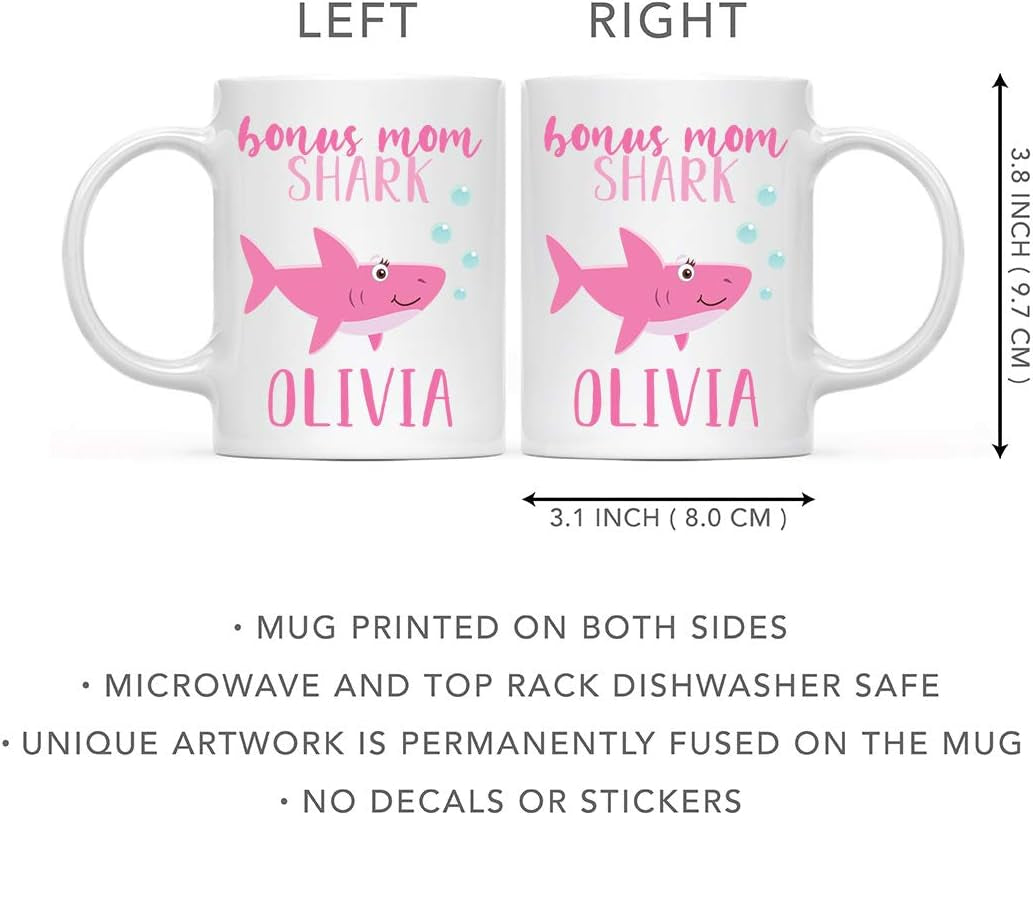 Personalized Bonus Mom Shark Coffee Mug Custom Name Mug Gift for Stepmom Birthday Mother's Day Christmas Gift