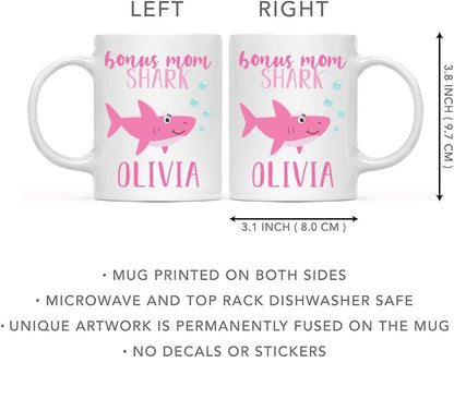 Personalized Bonus Mom Shark Coffee Mug Custom Name Mug Gift for Stepmom Birthday Mother's Day Christmas Gift