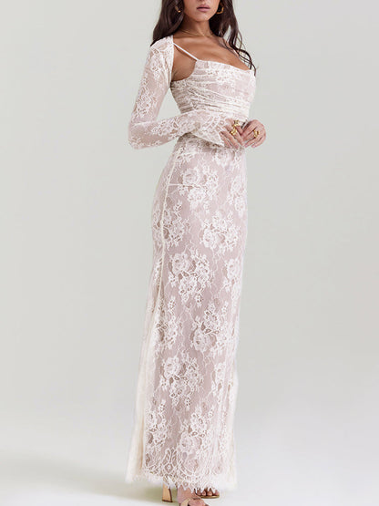 Wedding Vintage Cream Lace Maxi Dress With Gloves