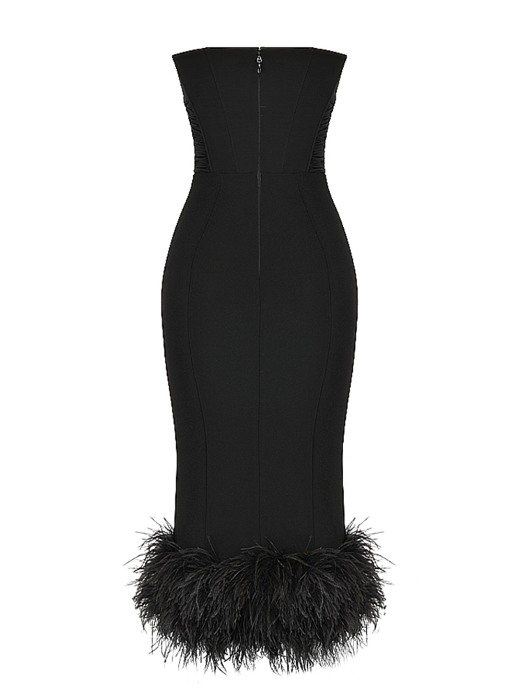 Strapless Feather Trim Midi Prom Black Dress