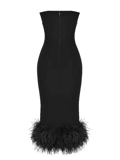 Strapless Feather Trim Midi Prom Black Dress