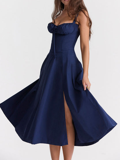 High Waist Back Lace Up Side Slit Midi Dress