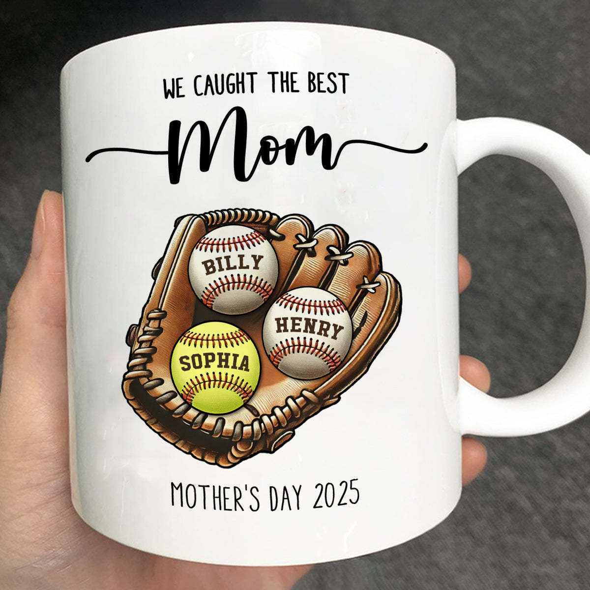 We Caught The Best Mom Baseball, Softball Personalized Mug, Custom Kid's Name, Mother's Day, Gift For Wife, Gift For Mom
