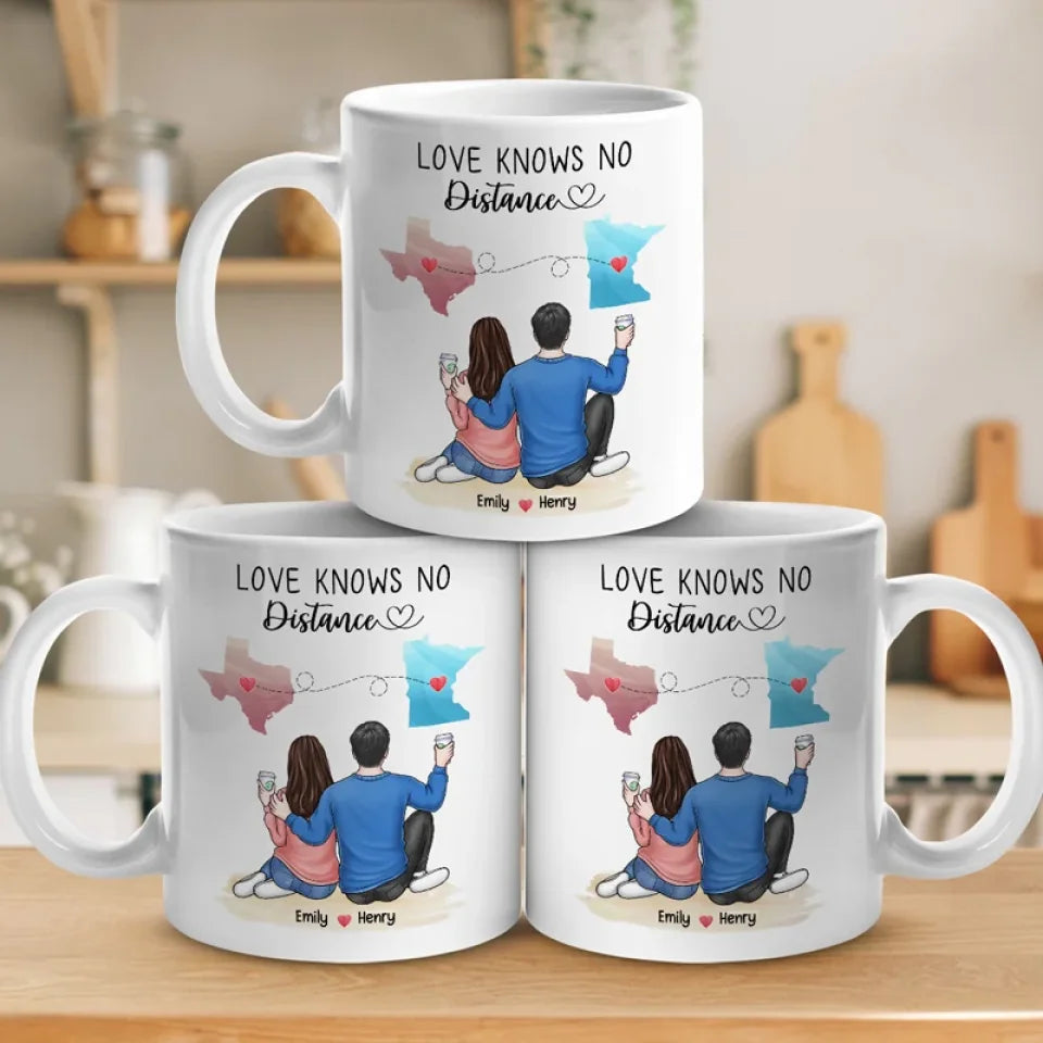 Love Knows No Distance - Couple Personalized Custom Mug - Gift For Husband Wife, Anniversary, Long Distance Relationship