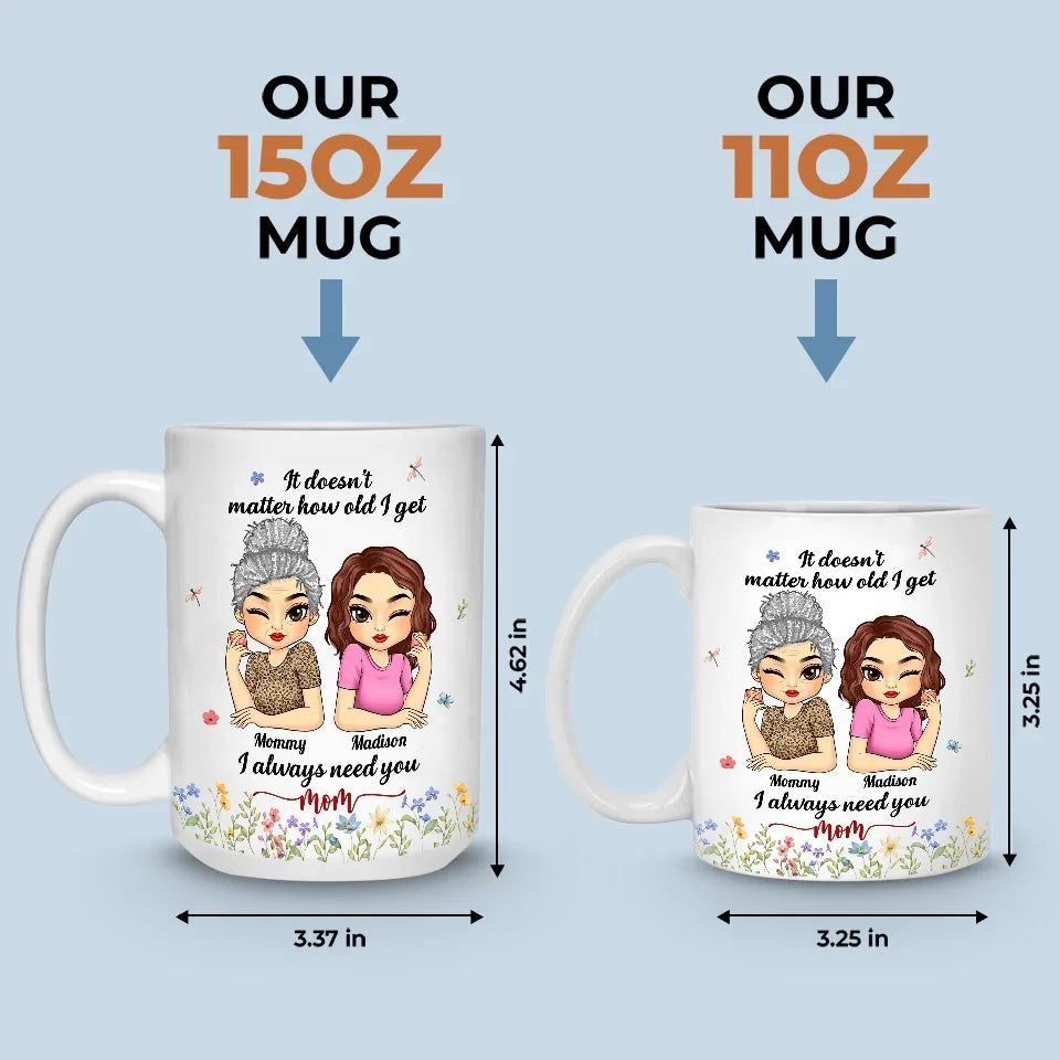 It Doesn't Matter How Old I Get, I Always Need You - Family Personalized Custom Mug - Gift For Mom, Grandma