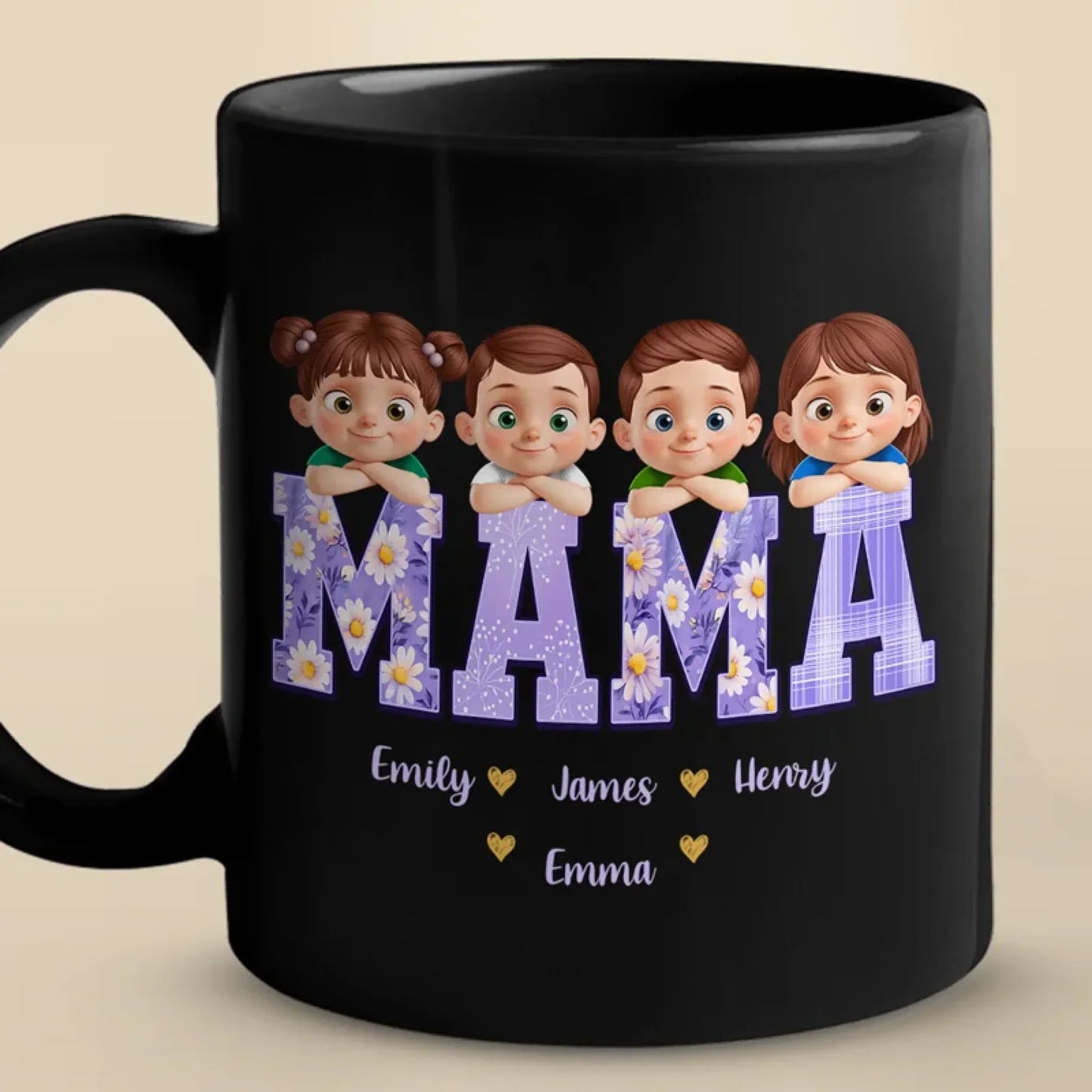Our Hearts Belong To Mama - Family Personalized Custom Black Mug - Mother's Day, Gift For Mom, Grandma