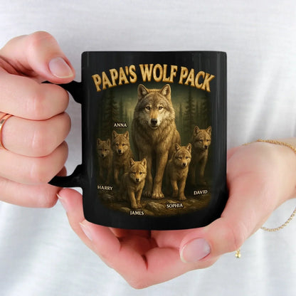 Bonded Like A Wolf Pack - Family Personalized Custom Black Mug - Father's Day, Gift For Dad, Grandpa