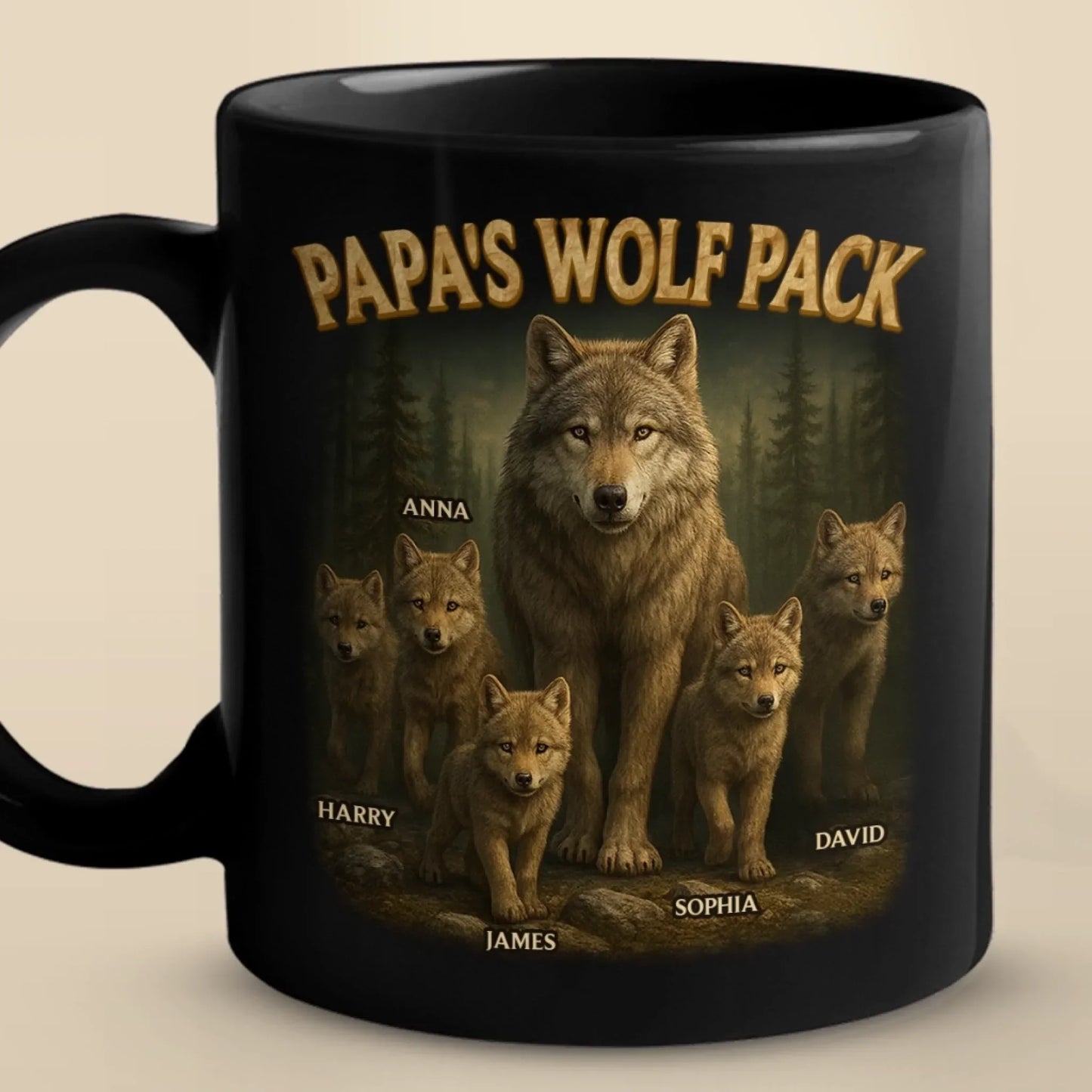 Bonded Like A Wolf Pack - Family Personalized Custom Black Mug - Father's Day, Gift For Dad, Grandpa