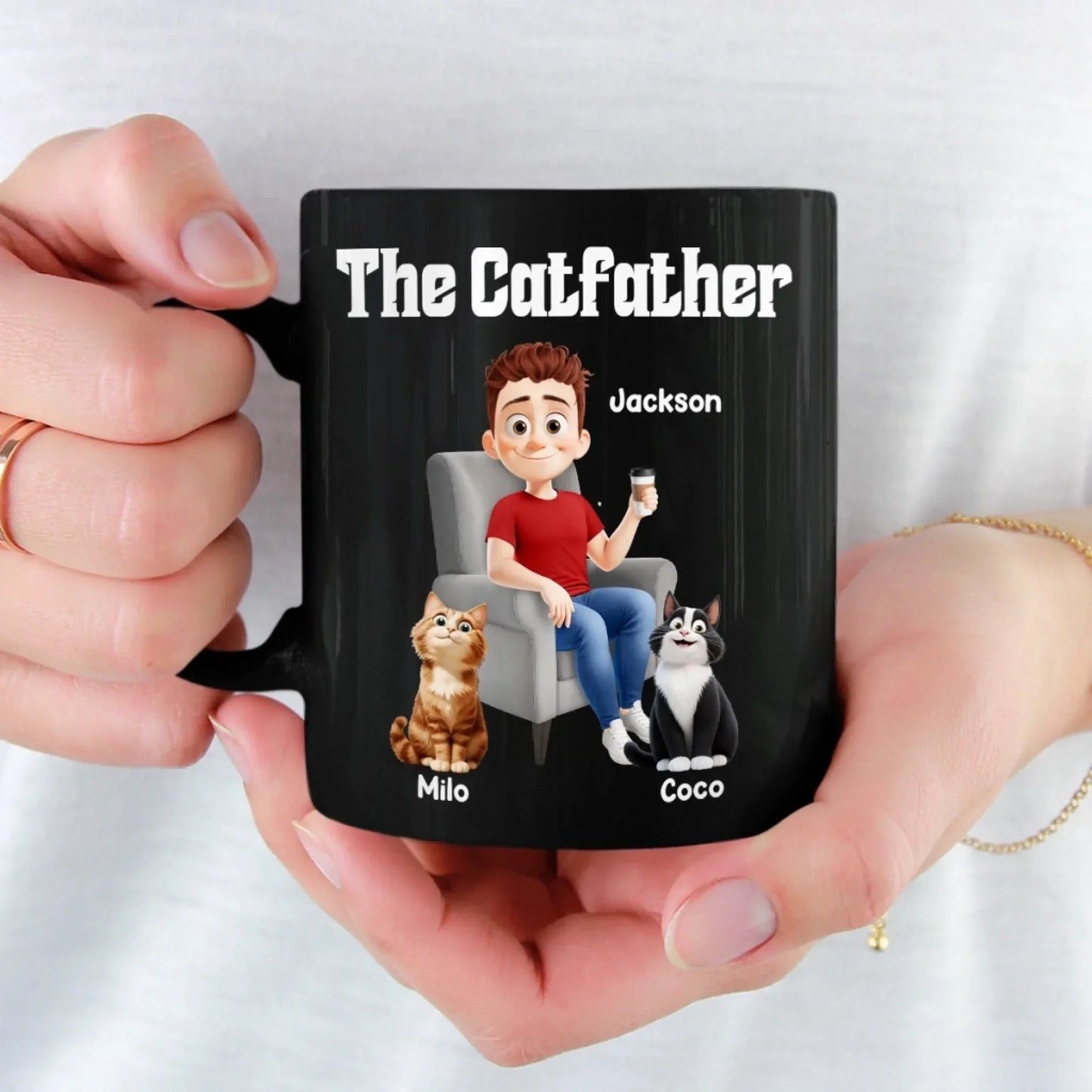 The Catfather - Cat Personalized Custom Black Mug - Father's Day, Gift For Dad, Pet Owners, Pet Lovers