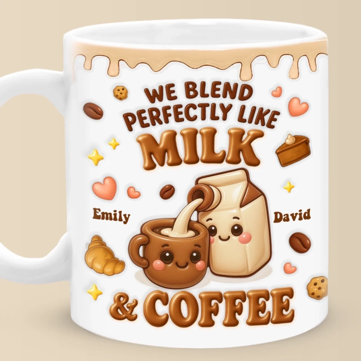 Custom 3D Inflated Effect Printed Mug - Personalized Anniversary Wedding Gifts For Husband And Wife, Him And Her - We Blend Perfectly Like Milk & Coffee