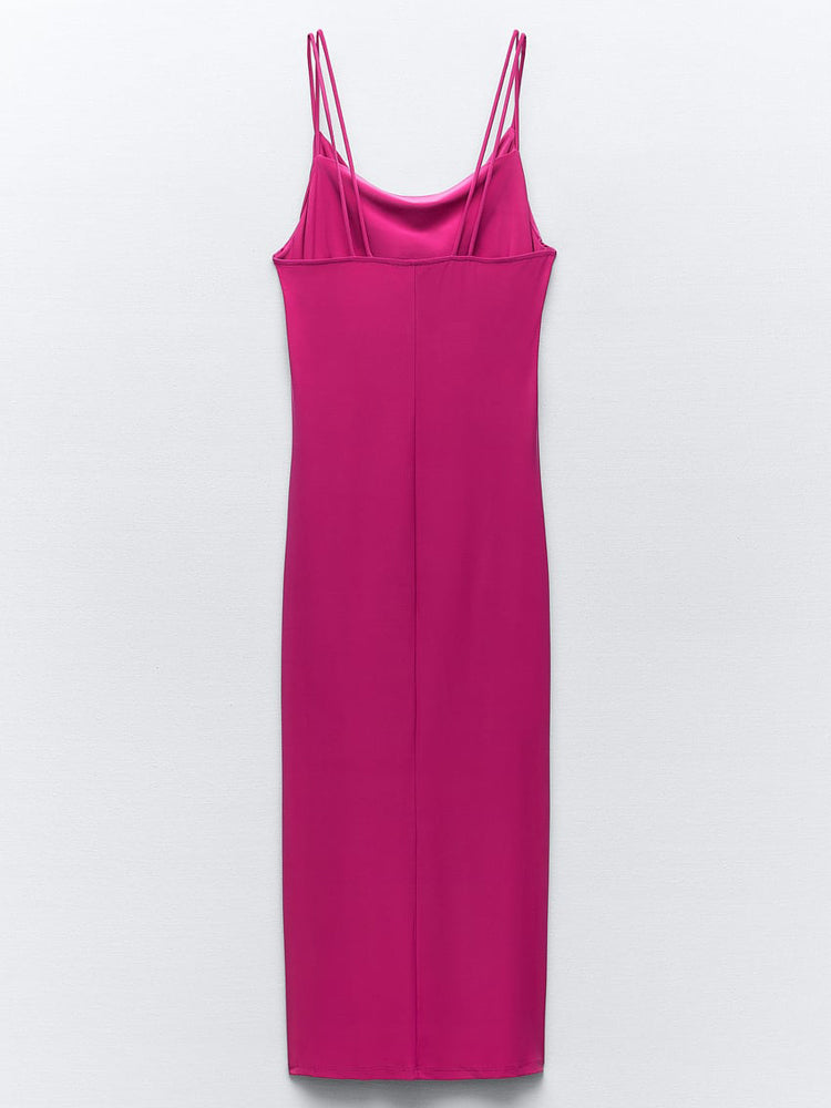 Deeppink Draped Neck Thin Double Straps Midi Dress