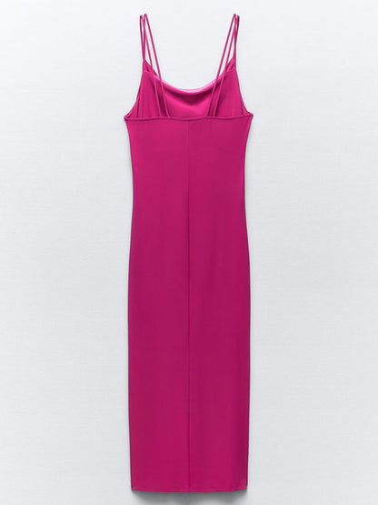 Deeppink Draped Neck Thin Double Straps Midi Dress
