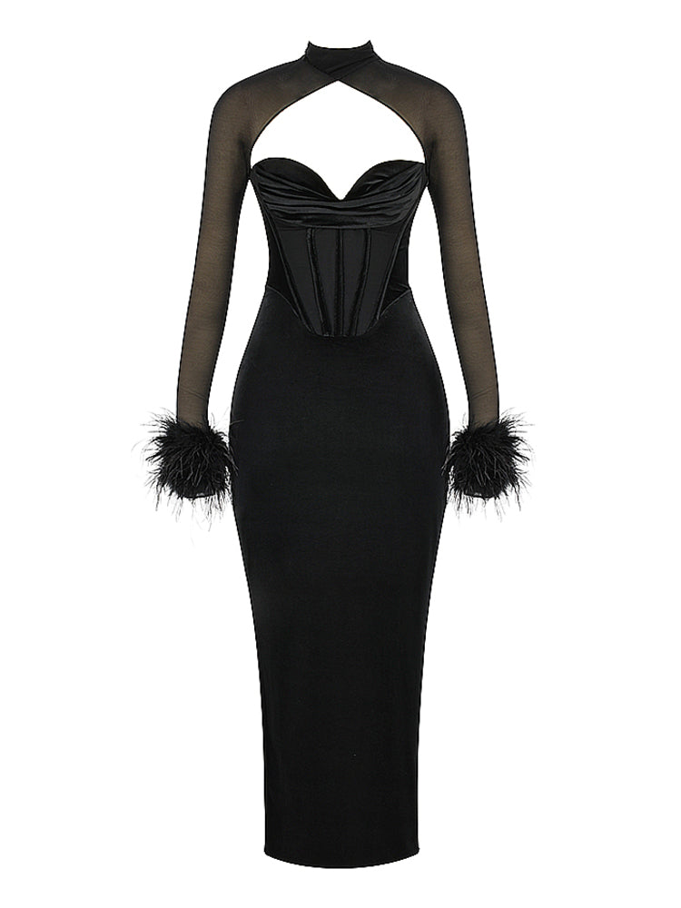 Mesh Long Sleeve Cowl Neck Feather Detail Maxi Dress