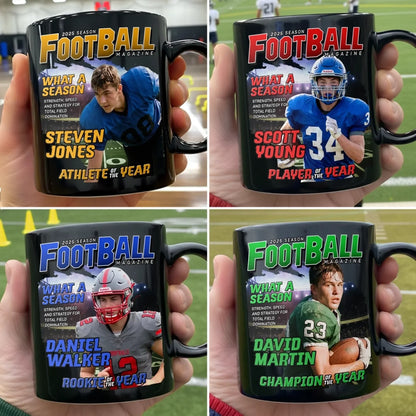 Custom Photo Magazine Black Mug - Personalized Christmas Birthday American Football Gifts For Football Lovers, Sports Fans, Sports Lovers - Game On, Greatness In Motion