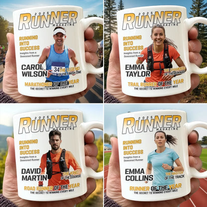 Custom Photo Magazine Mug - Personalized Birthday Running Gifts For Running Lovers, Sports Fans, Sports Lovers - Champions Train Daily