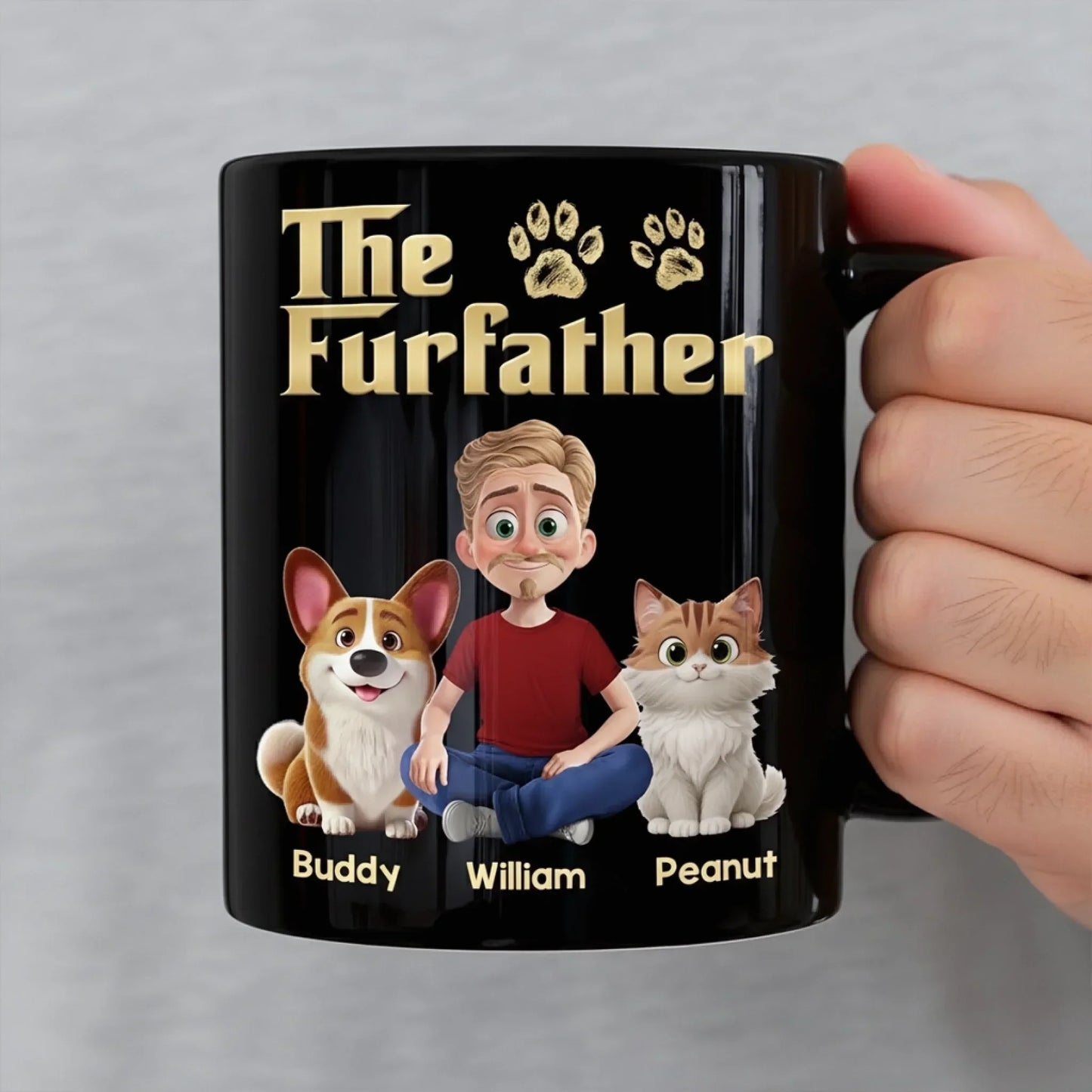 Custom Black Mug - Personalized Birthday Gifts For Dog Cat Lovers, Dog Dad And Mom, Cat Owners - The Furfather Never Walks Alone