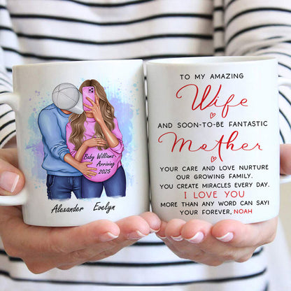 Personalized Pregnant Wife Mug, Hugging Couple, Expecting From Husband Gift, Mom To Be Vday Gift, Romantic Pregnancy Gift