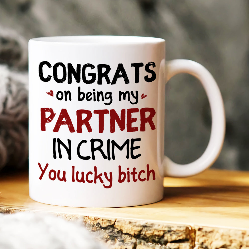 Congrats On Being My Partner In Crime, Gift For Bestie, Peesonalized Mug, Glasses Girl Coffee Mug, Bestie Gift