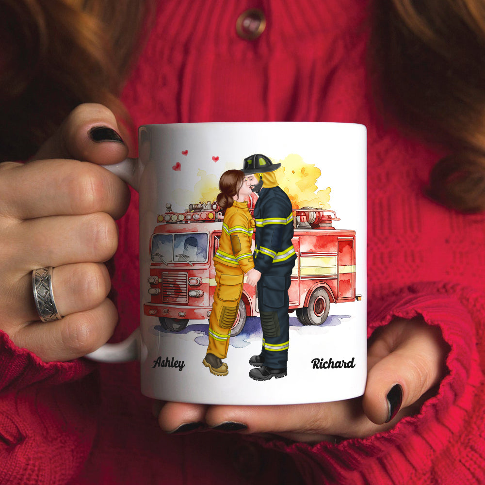 My heart on fire but you get me wet , Personalized White Mug for Fire Fighter Couples