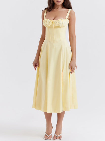 High Waist Back Lace Up Side Slit Midi Dress