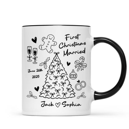 First Christmas Married Doodle Pattern - Personalized Mug - Christmas Gift For Him, For Her, For Couple
