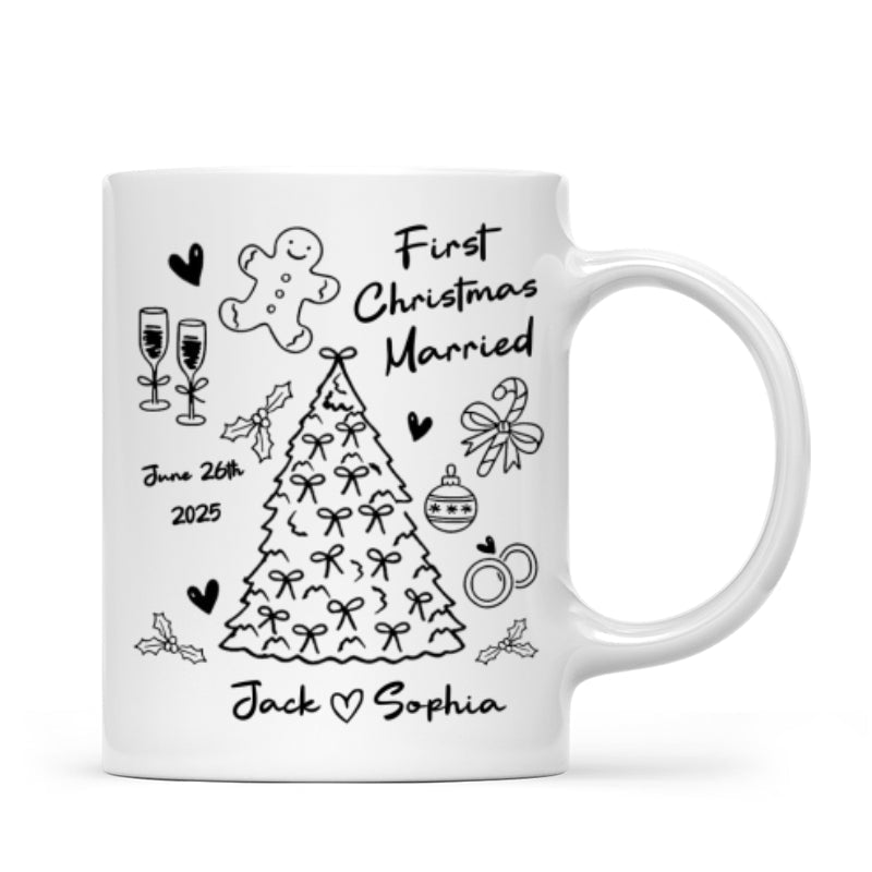 First Christmas Married Doodle Pattern - Personalized Mug - Christmas Gift For Him, For Her, For Couple