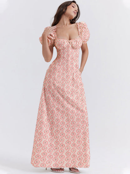 Floral Print Square Neckline Puff Sleeves Maxi Dress
