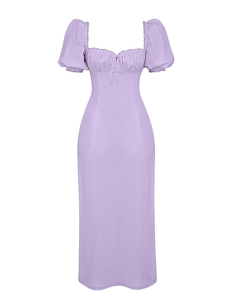 Lavender Square Neckline Puff Sleeves Maxi Dress