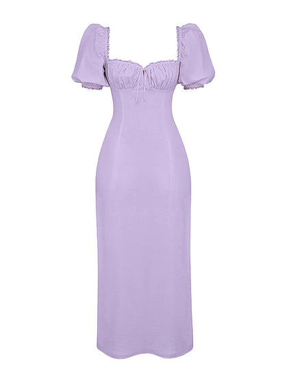Lavender Square Neckline Puff Sleeves Maxi Dress